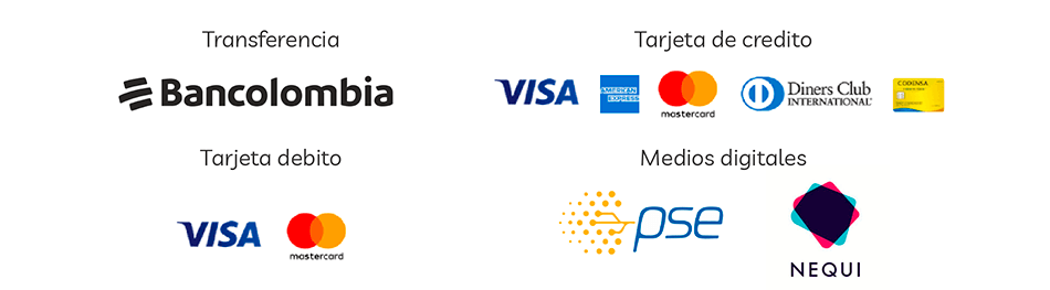 Bancolombia, mastercard , visa y american express